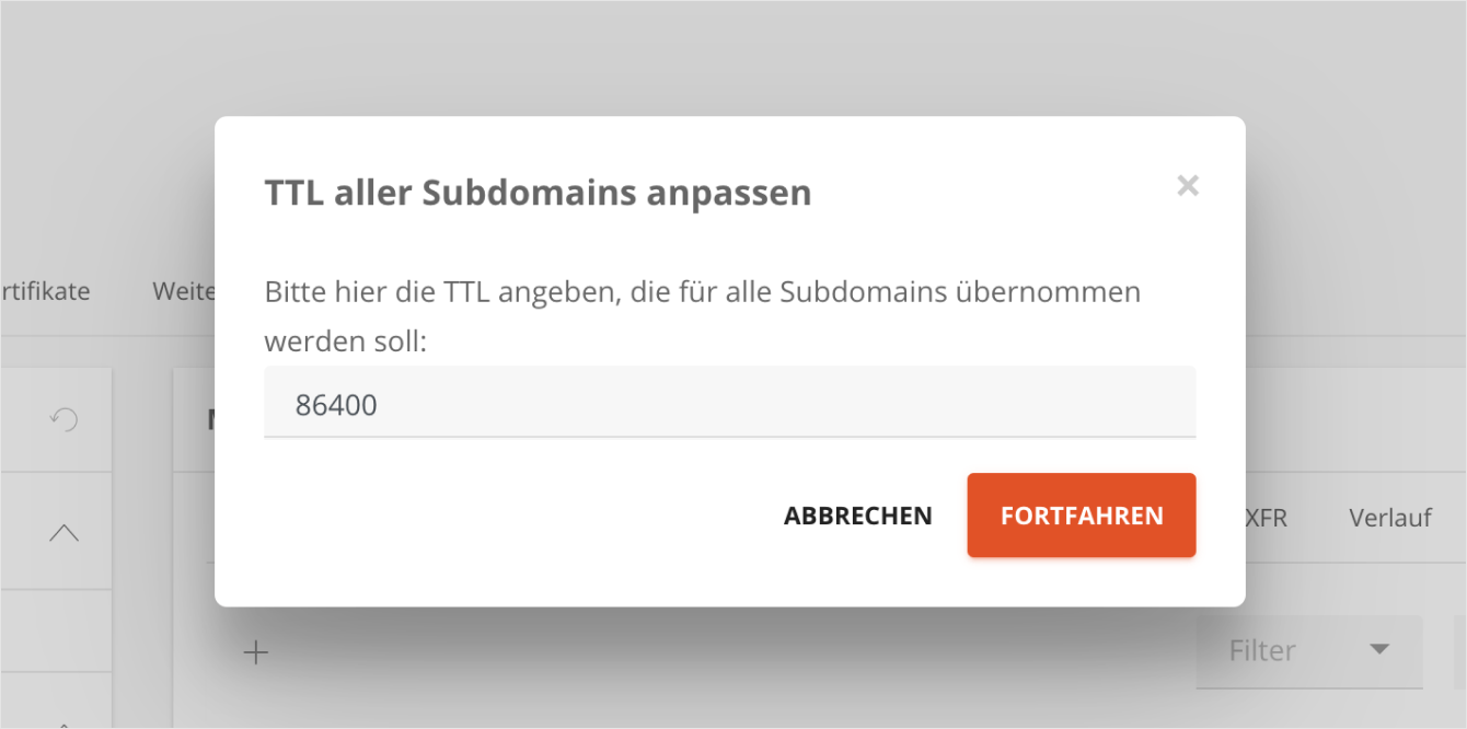 TTLs aller Subdomains anpassbar in AutoDNS